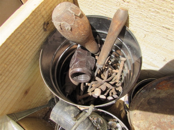 VINTAGE WOODEN AMMO CRATE/BOX WITH HARDWARE & MISC