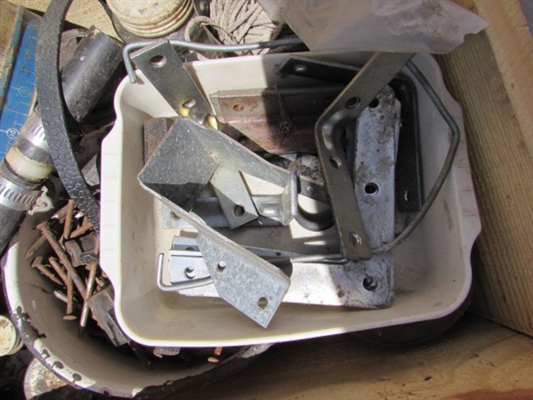VINTAGE WOODEN AMMO CRATE/BOX WITH HARDWARE & MISC