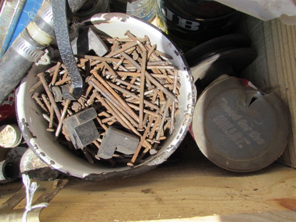VINTAGE WOODEN AMMO CRATE/BOX WITH HARDWARE & MISC