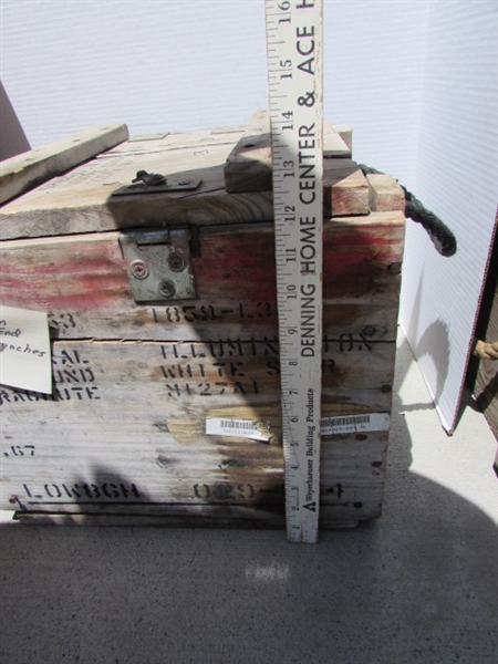 VINTAGE WOODEN AMMO CRATE/BOX WITH ASSORTED WRENCHES