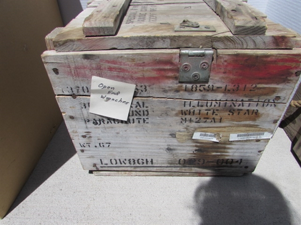 VINTAGE WOODEN AMMO CRATE/BOX WITH ASSORTED WRENCHES
