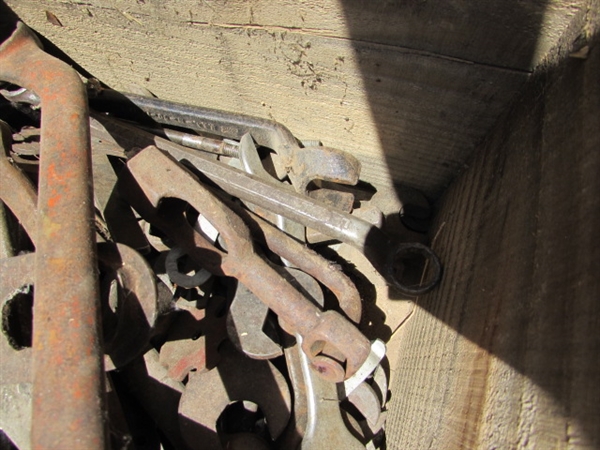 VINTAGE WOODEN AMMO CRATE/BOX WITH ASSORTED WRENCHES