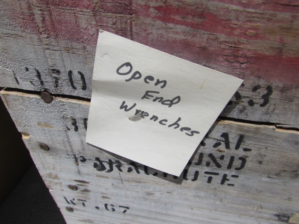 VINTAGE WOODEN AMMO CRATE/BOX WITH ASSORTED WRENCHES