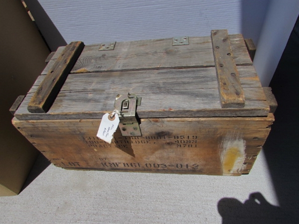 VINTAGE WOODEN AMMO CRATE/BOX WITH MISC HAND TOOLS & PARTS