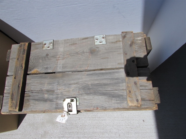 VINTAGE WOODEN AMMO CRATE/BOX WITH MISC HAND TOOLS & PARTS