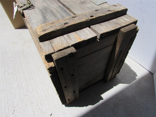 VINTAGE WOODEN AMMO CRATE/BOX WITH MISC HAND TOOLS & PARTS