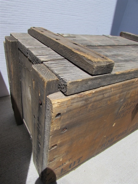 VINTAGE WOODEN AMMO CRATE/BOX WITH MISC HAND TOOLS & PARTS