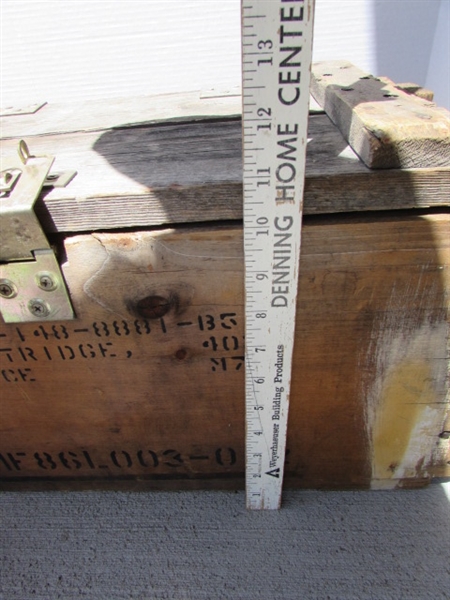 VINTAGE WOODEN AMMO CRATE/BOX WITH MISC HAND TOOLS & PARTS