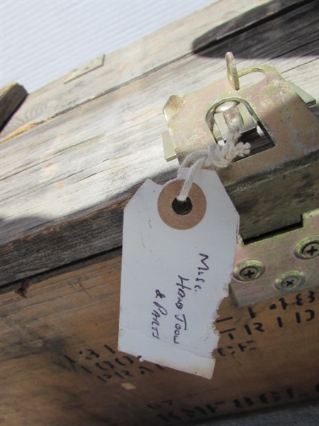 VINTAGE WOODEN AMMO CRATE/BOX WITH MISC HAND TOOLS & PARTS