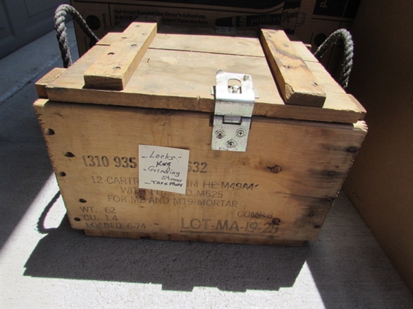 VINTAGE WOODEN AMMO CRATE/BOX WITH ASST LOCKS/KEYS, GRINDING STONES ETC....