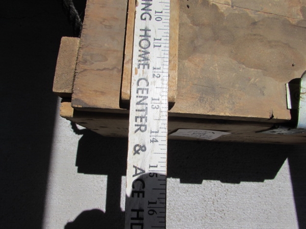 VINTAGE WOODEN AMMO CRATE/BOX WITH ASST LOCKS/KEYS, GRINDING STONES ETC....