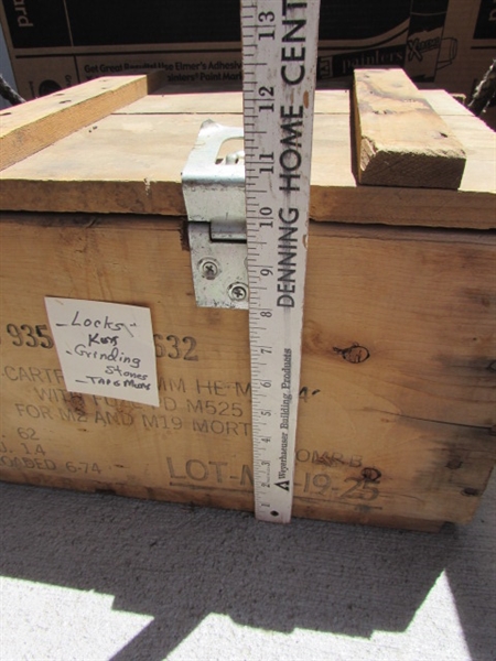 VINTAGE WOODEN AMMO CRATE/BOX WITH ASST LOCKS/KEYS, GRINDING STONES ETC....