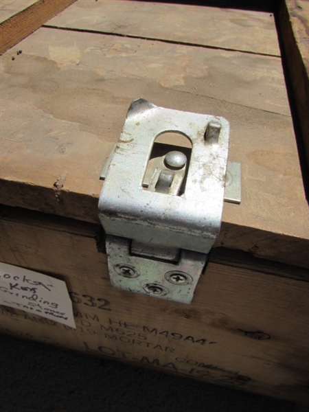 VINTAGE WOODEN AMMO CRATE/BOX WITH ASST LOCKS/KEYS, GRINDING STONES ETC....