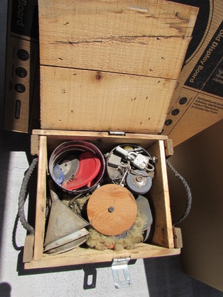 VINTAGE WOODEN AMMO CRATE/BOX WITH ASST LOCKS/KEYS, GRINDING STONES ETC....