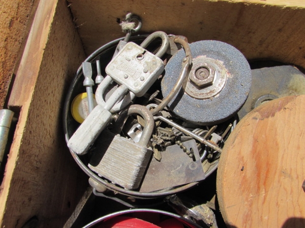 VINTAGE WOODEN AMMO CRATE/BOX WITH ASST LOCKS/KEYS, GRINDING STONES ETC....