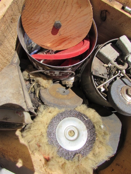 VINTAGE WOODEN AMMO CRATE/BOX WITH ASST LOCKS/KEYS, GRINDING STONES ETC....