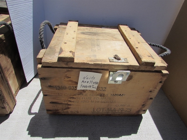 VINTAGE WOODEN AMMO CRATE/BOX WITH NAILS, AXE HEADS & FARRIER TOOL