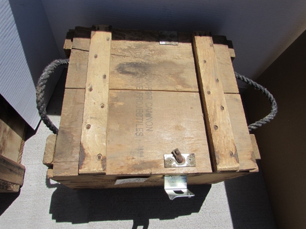 VINTAGE WOODEN AMMO CRATE/BOX WITH NAILS, AXE HEADS & FARRIER TOOL