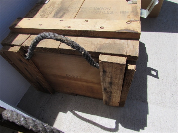 VINTAGE WOODEN AMMO CRATE/BOX WITH NAILS, AXE HEADS & FARRIER TOOL