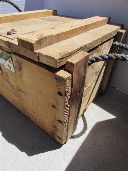 VINTAGE WOODEN AMMO CRATE/BOX WITH NAILS, AXE HEADS & FARRIER TOOL