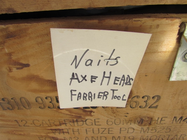 VINTAGE WOODEN AMMO CRATE/BOX WITH NAILS, AXE HEADS & FARRIER TOOL
