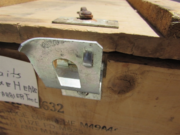 VINTAGE WOODEN AMMO CRATE/BOX WITH NAILS, AXE HEADS & FARRIER TOOL