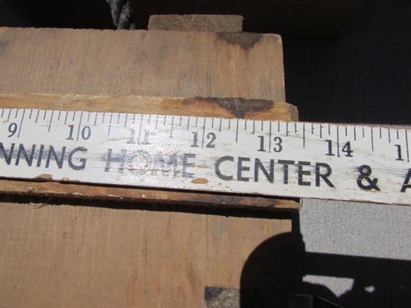 VINTAGE WOODEN AMMO CRATE/BOX WITH NAILS, AXE HEADS & FARRIER TOOL