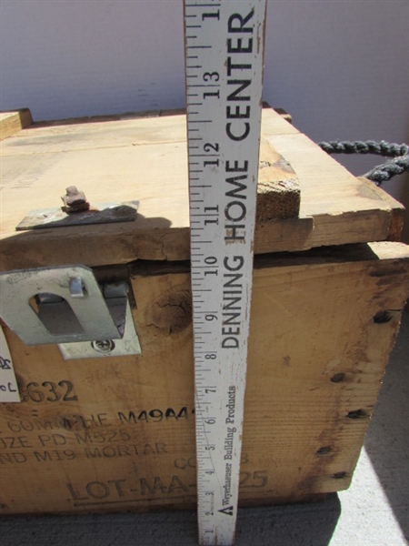 VINTAGE WOODEN AMMO CRATE/BOX WITH NAILS, AXE HEADS & FARRIER TOOL