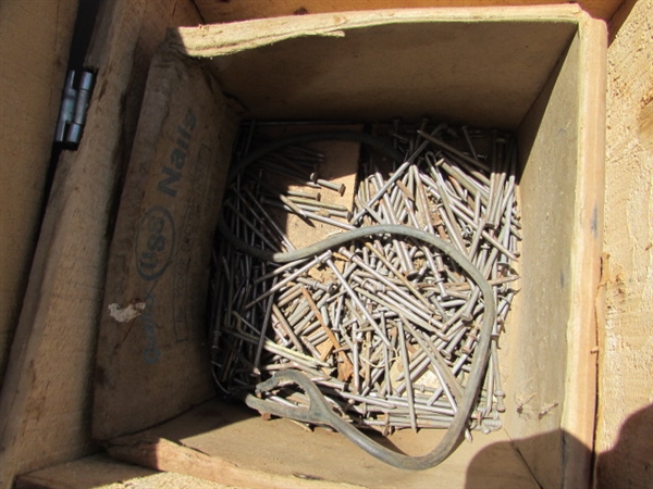 VINTAGE WOODEN AMMO CRATE/BOX WITH NAILS, AXE HEADS & FARRIER TOOL