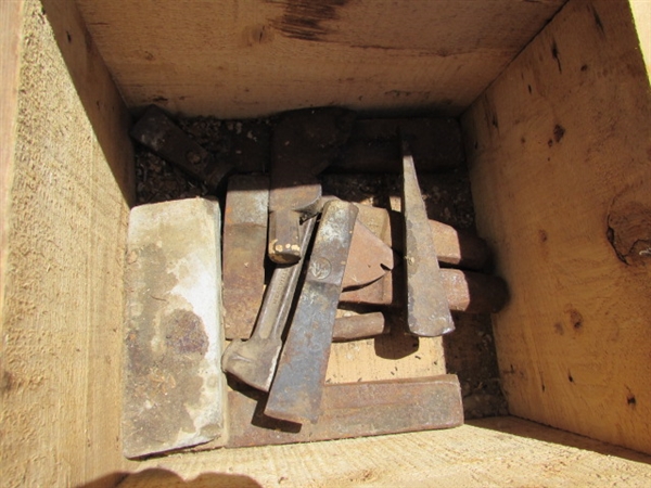 VINTAGE WOODEN AMMO CRATE/BOX WITH NAILS, AXE HEADS & FARRIER TOOL