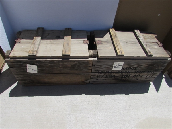 2 VINTAGE WOODEN AMMO CRATES/BOXES WITH ASST NAILS & COBBLERS SHOE FORMS