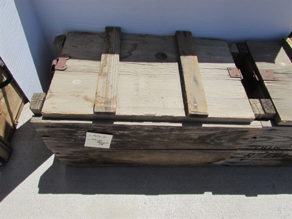 2 VINTAGE WOODEN AMMO CRATES/BOXES WITH ASST NAILS & COBBLERS SHOE FORMS