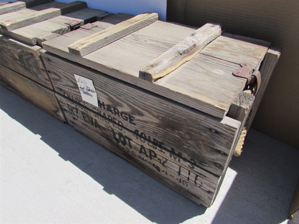 2 VINTAGE WOODEN AMMO CRATES/BOXES WITH ASST NAILS & COBBLERS SHOE FORMS