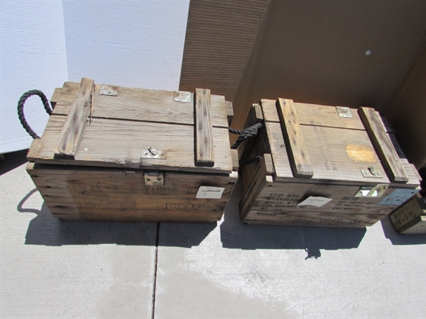 2 VINTAGE WOODEN AMMO CRATES/BOXES WITH ASST HAMMERS, NAILS & MORE
