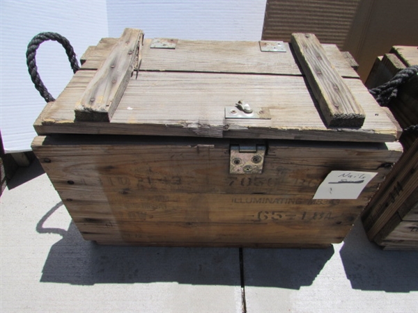 2 VINTAGE WOODEN AMMO CRATES/BOXES WITH ASST HAMMERS, NAILS & MORE