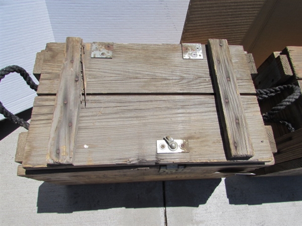 2 VINTAGE WOODEN AMMO CRATES/BOXES WITH ASST HAMMERS, NAILS & MORE