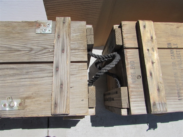 2 VINTAGE WOODEN AMMO CRATES/BOXES WITH ASST HAMMERS, NAILS & MORE