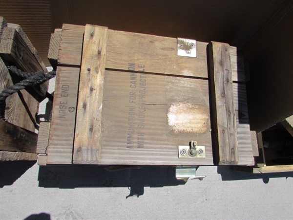 2 VINTAGE WOODEN AMMO CRATES/BOXES WITH ASST HAMMERS, NAILS & MORE
