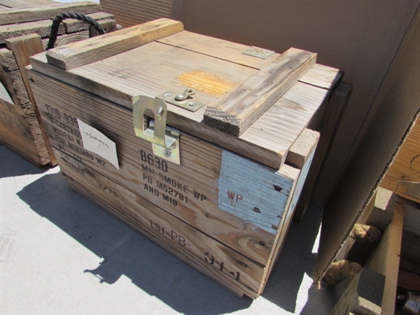2 VINTAGE WOODEN AMMO CRATES/BOXES WITH ASST HAMMERS, NAILS & MORE