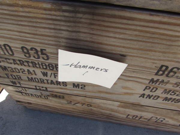 2 VINTAGE WOODEN AMMO CRATES/BOXES WITH ASST HAMMERS, NAILS & MORE