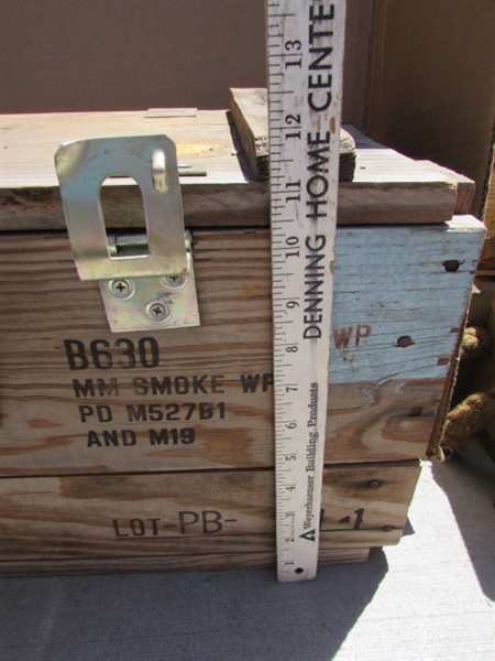 2 VINTAGE WOODEN AMMO CRATES/BOXES WITH ASST HAMMERS, NAILS & MORE