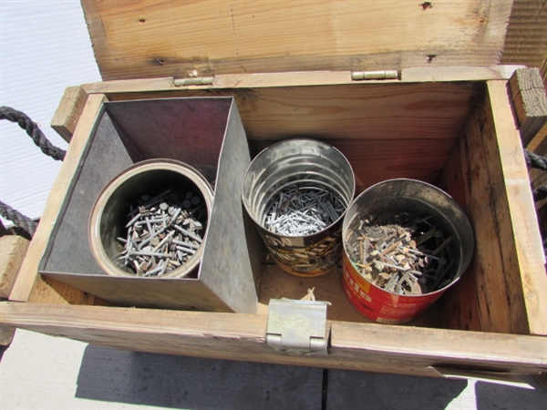 2 VINTAGE WOODEN AMMO CRATES/BOXES WITH ASST HAMMERS, NAILS & MORE