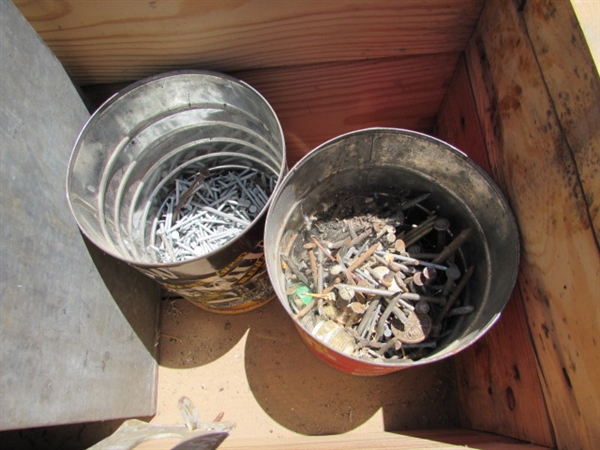 2 VINTAGE WOODEN AMMO CRATES/BOXES WITH ASST HAMMERS, NAILS & MORE
