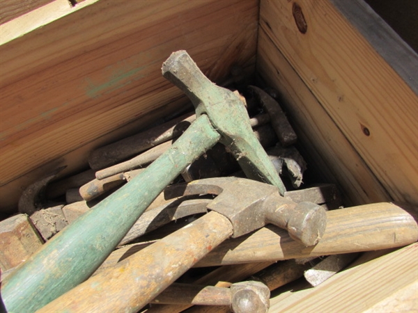 2 VINTAGE WOODEN AMMO CRATES/BOXES WITH ASST HAMMERS, NAILS & MORE