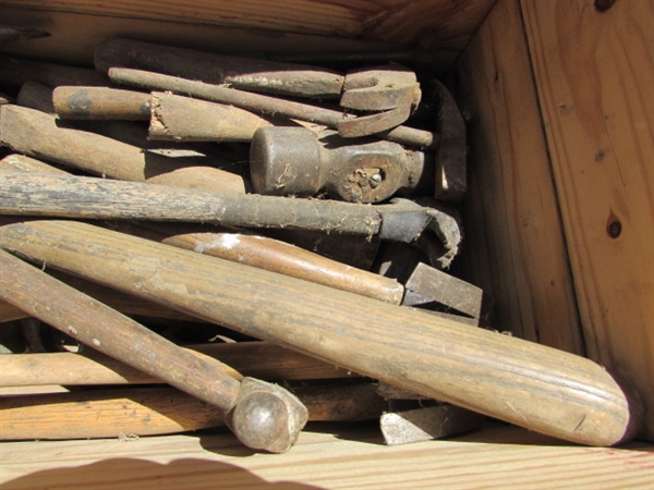 2 VINTAGE WOODEN AMMO CRATES/BOXES WITH ASST HAMMERS, NAILS & MORE
