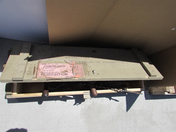 VINTAGE WOODEN AMMO CRATE/BOX WITH ASSORTED HAND TOOLS