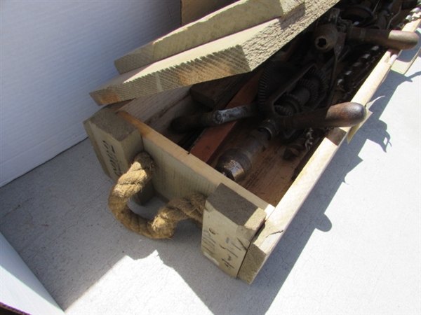 VINTAGE WOODEN AMMO CRATE/BOX WITH ASSORTED HAND TOOLS