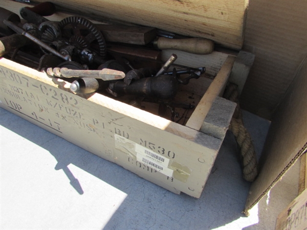 VINTAGE WOODEN AMMO CRATE/BOX WITH ASSORTED HAND TOOLS