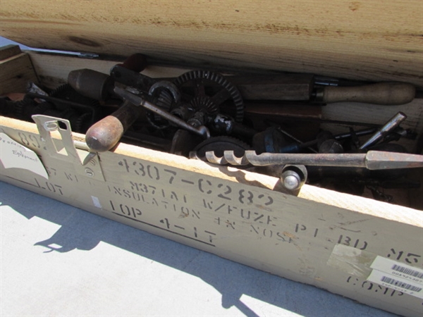 VINTAGE WOODEN AMMO CRATE/BOX WITH ASSORTED HAND TOOLS