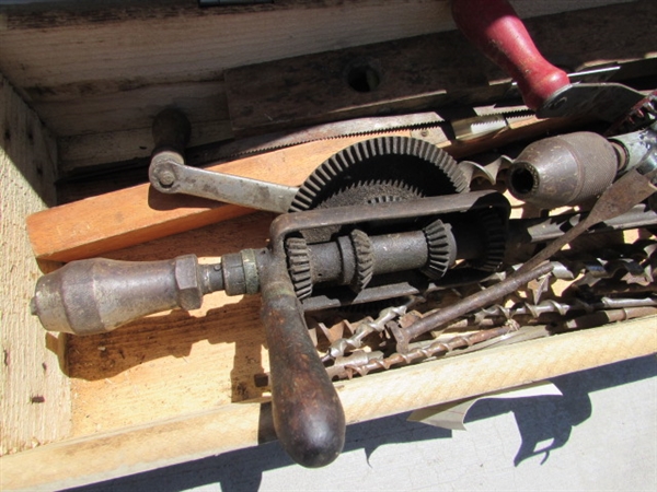 VINTAGE WOODEN AMMO CRATE/BOX WITH ASSORTED HAND TOOLS